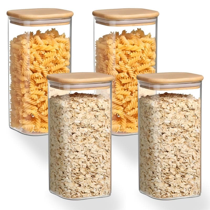 Allo 600ML Kitchen Storage Box Glass Jars With Wooden Lids - Borosilicate Glass Food Storage Containers Airtight Glass Jar For Tea, Coffee, Spice, Pulses, Masala (Square Glass Jar - Set of 4)