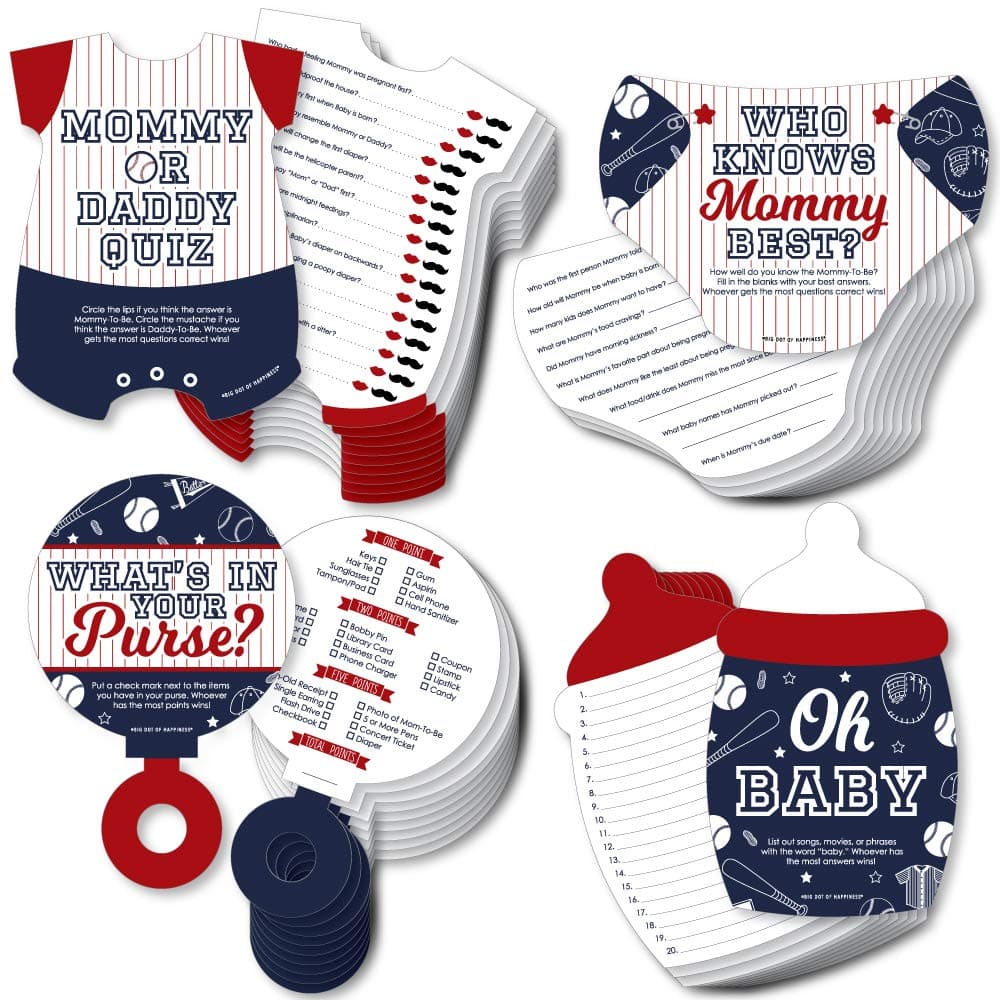 Big Dot of Happiness Batter Up Baseball 4 Baby Shower Games 10 Cards Each Who Knows Mommy Best Mommy or Daddy Quiz Whats in Your Purse and Oh Baby Gamerific Bundle