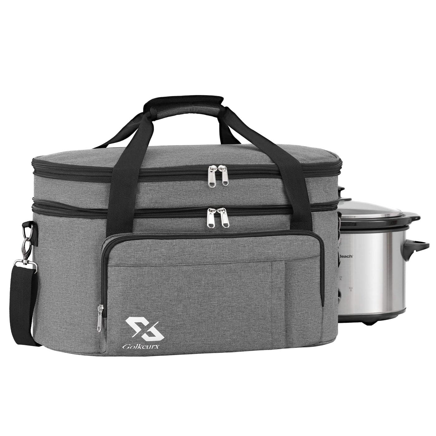 Golkcurx Double Layer Slow Cooker Bag for 68 Quart Oval CrockPot and Hamilton Beach Models with Padded Adjustable Strap Top Zip Compartment and Front Pocket for UtensilsBag Only