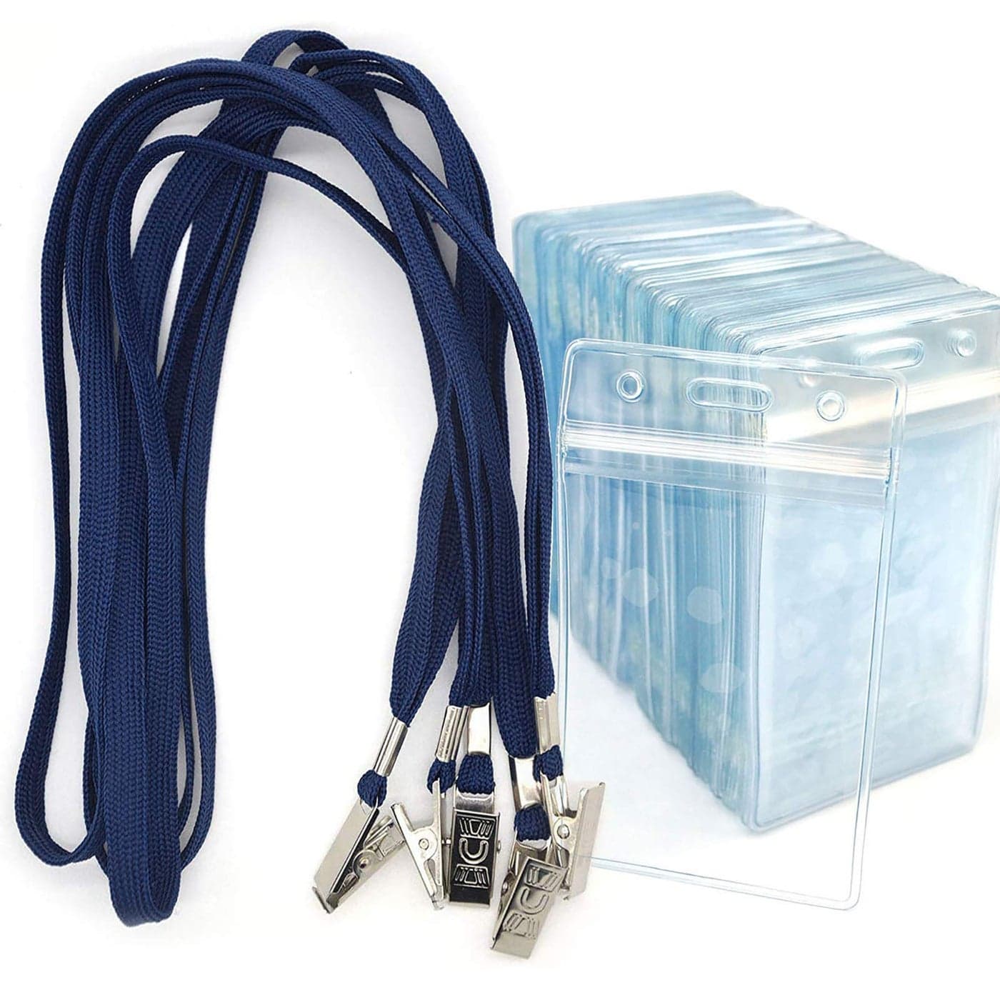 Bird Fiy Lanyards with Id Holder Badges Name Tags 50 Pack Lanyards with Bulldog Clip and 50 Pack Waterproof Clear Plastic Vertical Name Tag Badge ID Card Holders Navy Blue