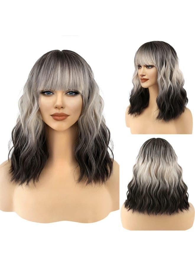 Short Brown Ombre Grey Wig Short Wave Bob Wigs for Women With Bangs Shoulder Length Synthetic Cosplay Party Wig for Girls Costume Wigs (12" 60R)