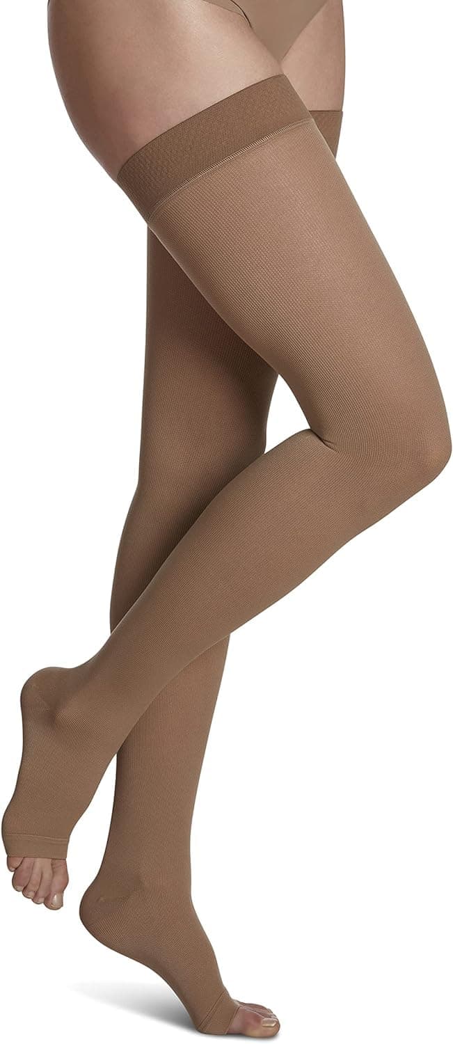 SIGVARIS Mens Womens Essential Cotton 230 Open Toe ThighHighs wGripTop 2030mmHg Light Beige Medium Short