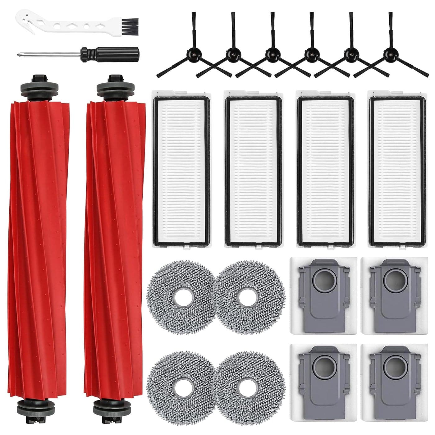 22 Pack Replacement Accessories for Roborock Qrevo SQrevo ProQrevo PlusQrevo MaxVNot for QrevoRobot Vacuum 2 Mainbrush 4 Filter 4 Dust Bags 4 Mop Pads 6 Sidebrush 1 Cleaning Brush 1 Screwdriver