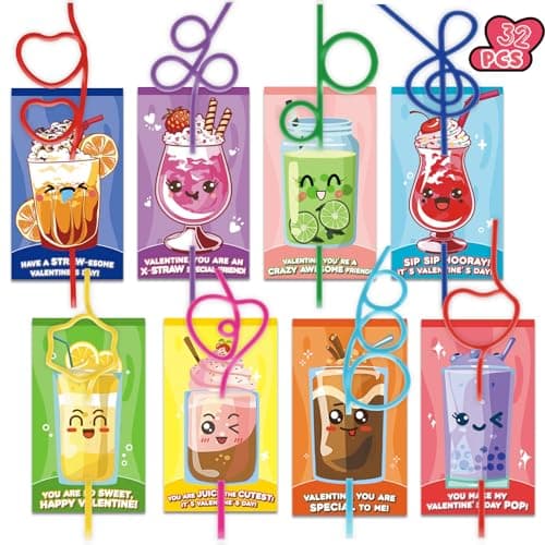 ZIRSENG 32 PACK Crazy Loop Reusable Drinking Straws Valentines Day Cards for Kids Classroom Valentine Day Gifts for Classroom Exchange Prize Drinking Straws Bulk for Party Favors