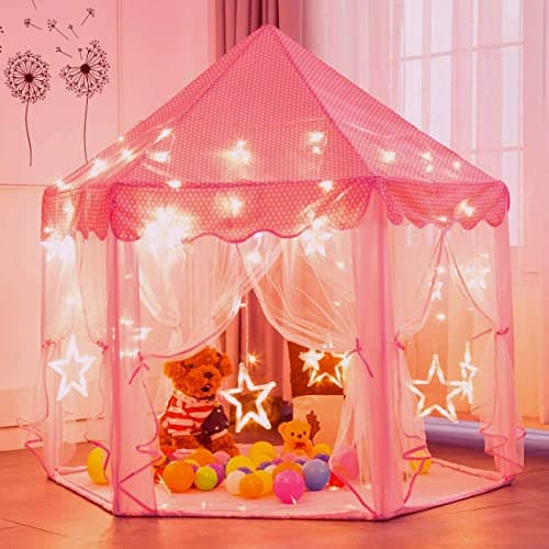 Senodeer Princess Tent for Girls with Big Star Lights Kids Playhouse Castle Play Tent Birthday Girl Gift Indoor Princess Game Pink Big Star Lights