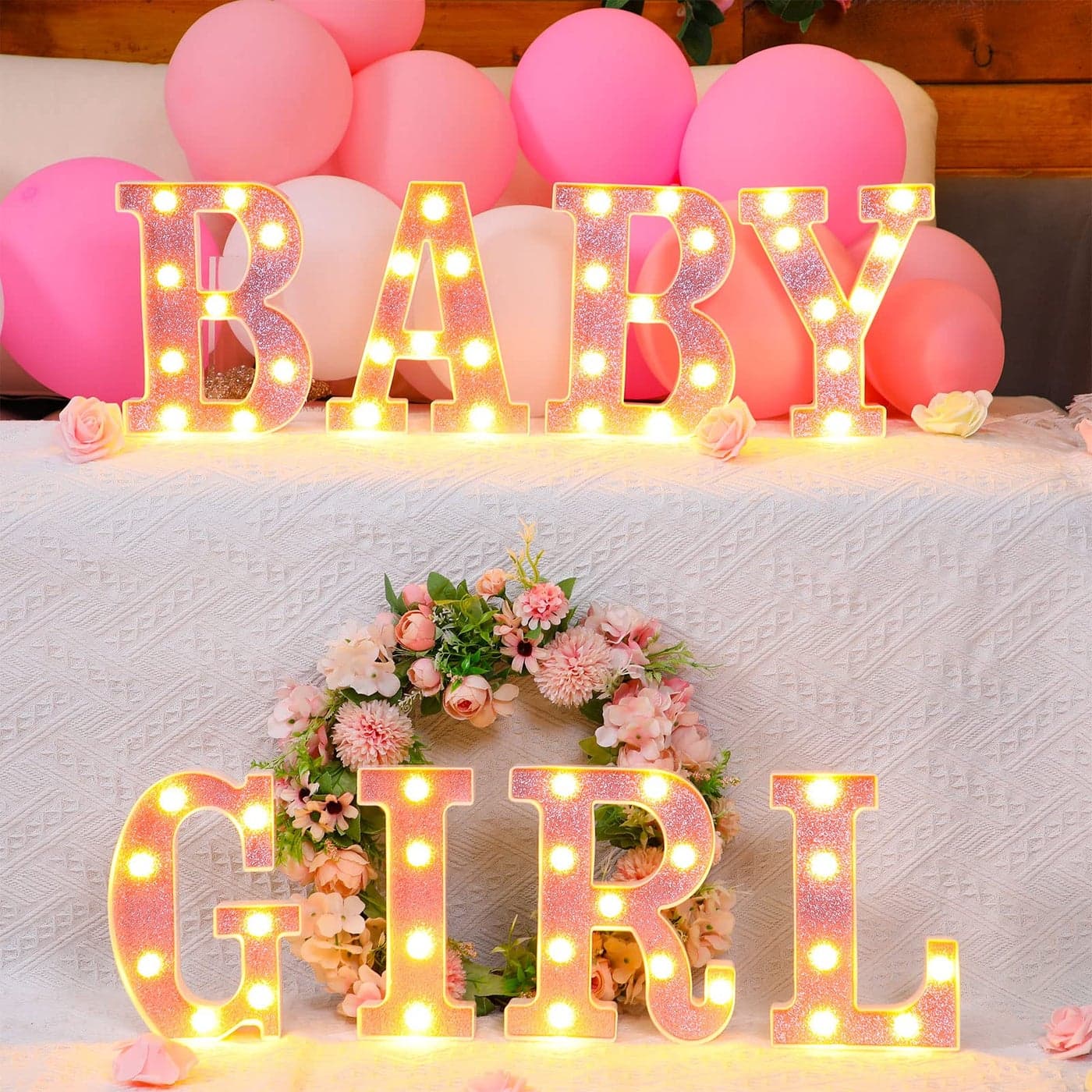 Sacubee Set of 8 Pink Baby Shower Decoration for Girl Baby LED Letters Party Supplies Light up Letter Battery Operated Letter for Table Centerpieces Wedding Valentines Day Decoration87 Inch