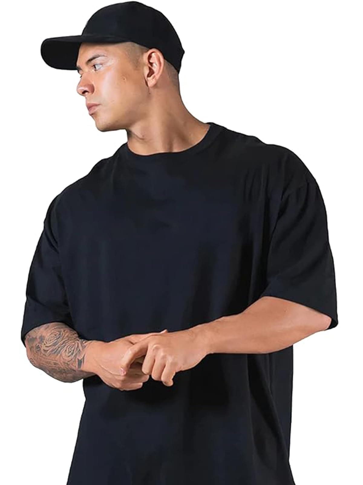 Veirdo®Black Oversized Baggy Fit Drop Shoulder Half Sleeves Round Neck Solid Pure Cotton T-Shirt for Men (OS_100_Black_S)