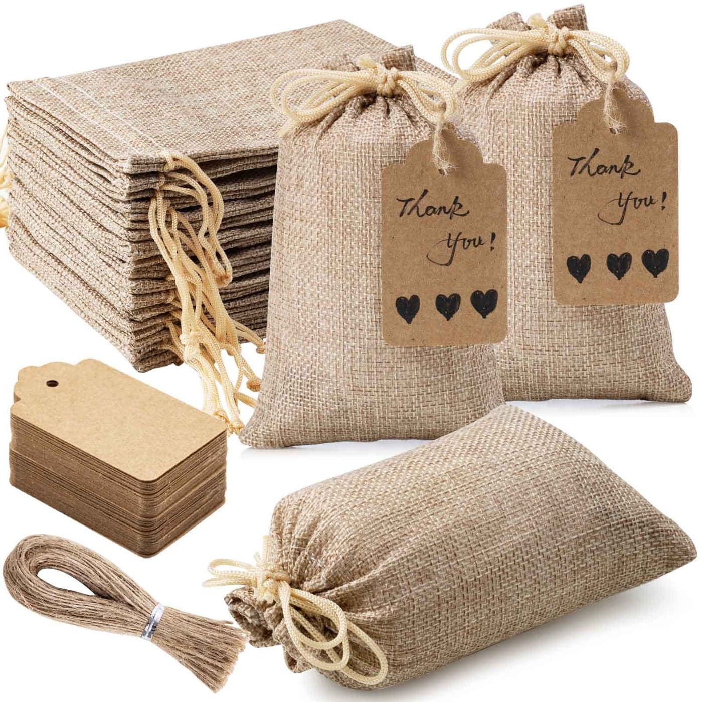 Homum 30Pcs Premium Burlap Gift Bags with Drawstring and 30Pcs Gift Tags String 3x4 Inch Reusable Gift Bags Burlap Bags Linen Sacks Bag for Wedding Favors Party Jewelry Pouches Christmas Coffee DIY Craft Bags