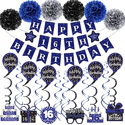 16th Birthday Decorations for Boys Girls Blue Happy 16th Birthday Banner Party Decorations Sixteen Birthday Supplies Decor DoubleSided Card Pompoms Hanging Swirl for 16 Years Teenagers Gifts 45pcs