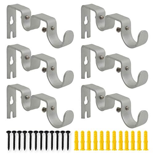 AddGrace 6 PCS Double Curtain Rod Bracket Heavy Duty Curtain Rod Holders for 1" and 5/8" Drapery Pole Adjustable Wall Mounted Drapery Pole Brackets for Living Room Bedroom Silver