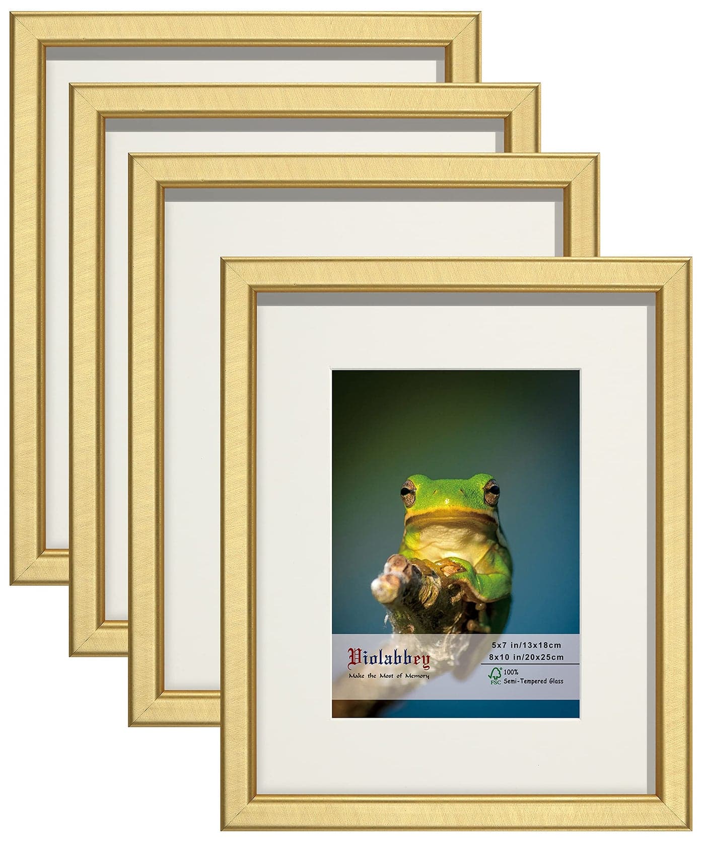 VIOLABBEY 8x10 Picture Frame Gold Set of 4, Photo frame for 5x7 Pictures with Mat or 8x10 without Mat, HD Real Glass, Vertical or Horizontal for Wall and Tabletop Display