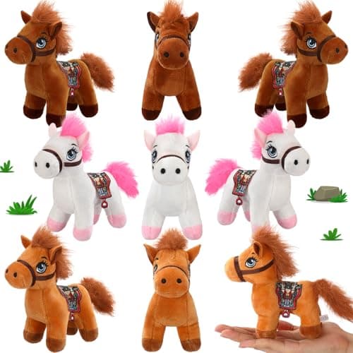 Zomiboo 9 Pack Horse Stuffed Animals Plush Toy Standing Stuffed Horse 4 Inch Mini Plush with Detachable Chain for Animal Theme Party Birthday Decoration SuppliesRetro Style