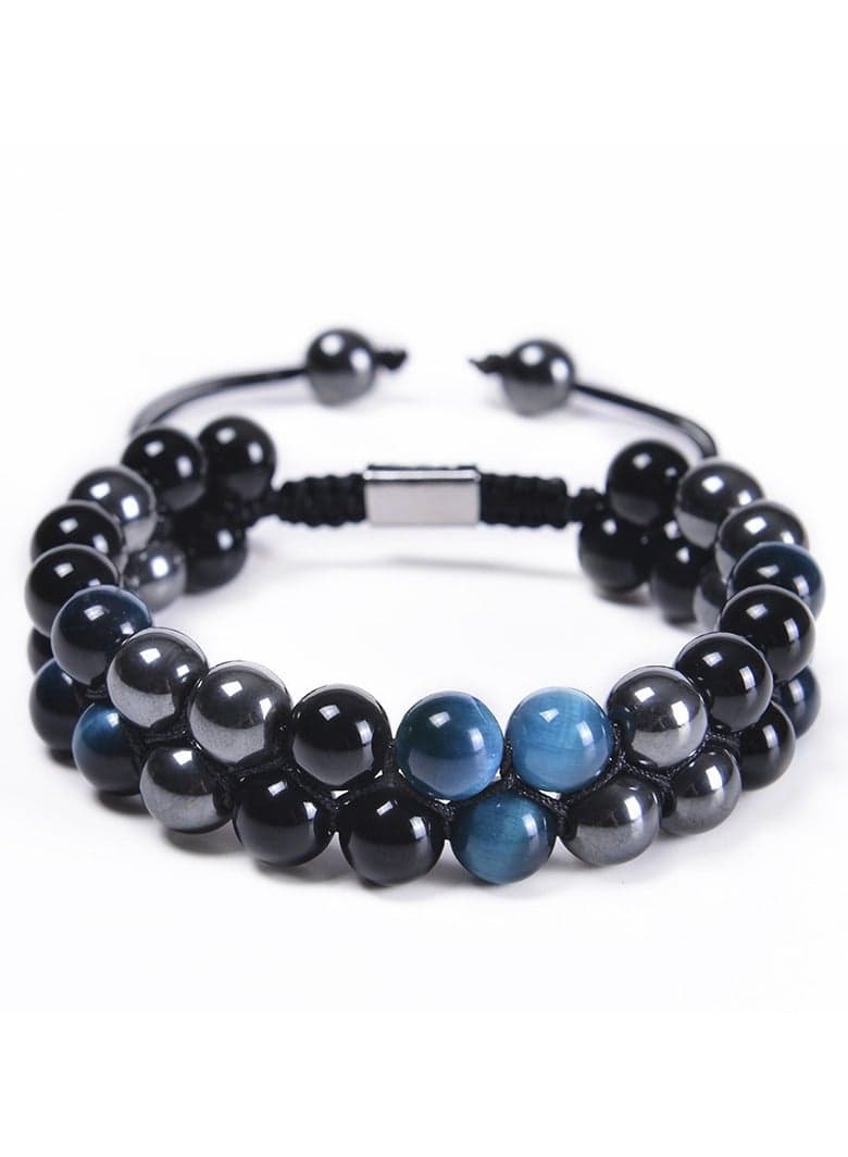 8mm natural stone bracelet, double layered hand woven double row men's bracelet