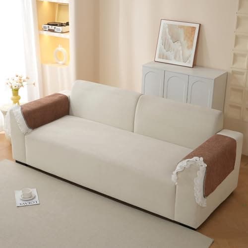 HOKIPO 'French Classic Frill' Elegant Wavy Anti-Slip Sofa Arm Cover with Lace Frill, 2 Pc, Mocha Luxe Brown (AR-6137-BRN*2S)