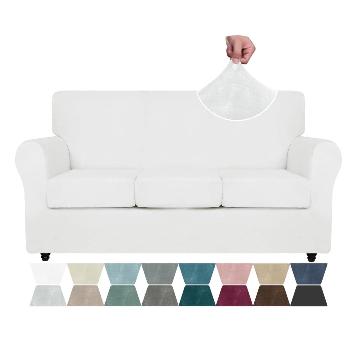 ZNSAYOTX Luxury Velvet Couch Cover 4 Piece 7292 Stretch Sofa Covers for 3 Cushion Couch Thick Soft Sofa Slipcover with Non Slip Strap Dog Pet Friendly Nice Furniture Protector White