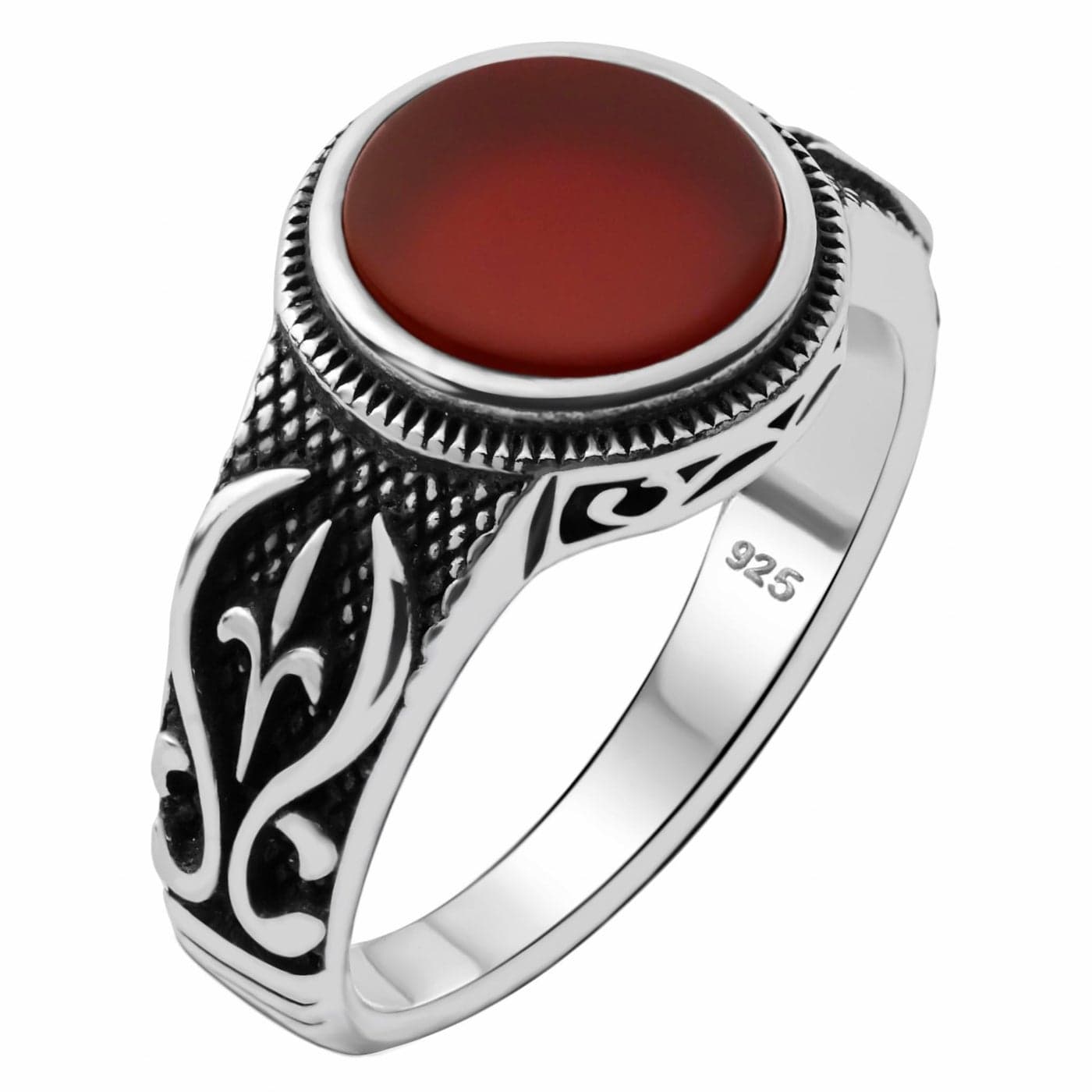 Genuine Solid 925 Sterling Silver Red Agate Stone Authentic Vintage Turkish Ottoman Style Anatolian Motif Ring for Men Red Agate 8