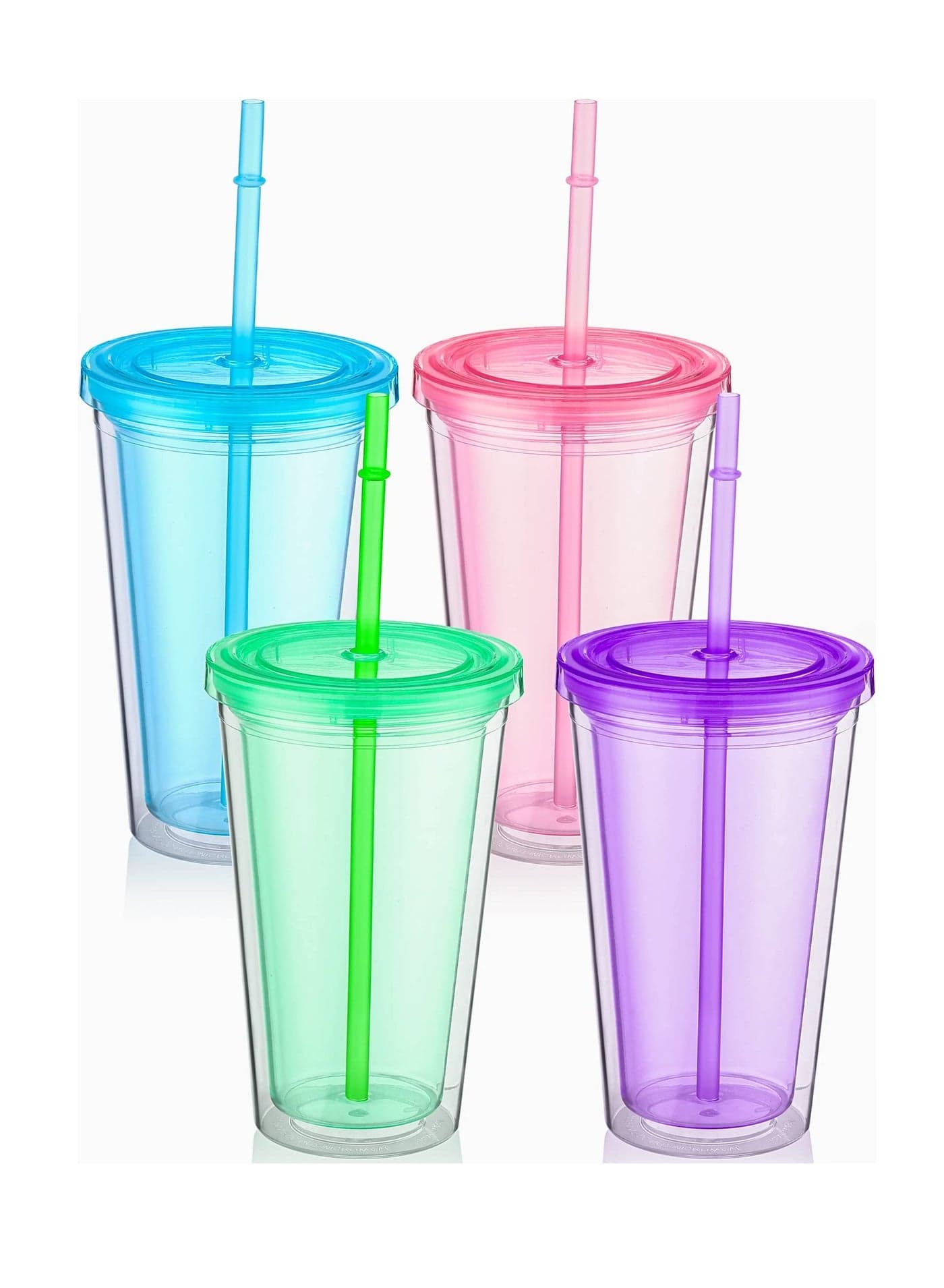 Reusable Transparent Plastic Cup Set, 4 Colored Insulated Double Wall Plastic Tumbler with Lids and Straws, Clear Plastic Tumblers Bulk for Coffee Drinks Milk Tea Juice (16 oz, 4 Pieces)