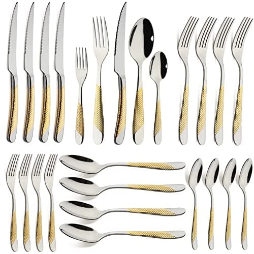 Gold Silverware Set 20-Piece Stainless Steel Flatware Cutlery Set Service for 4 Kitchen Tableware Utensil Set Includes Knives Spoons Forks For Home Kitchen Restaurant