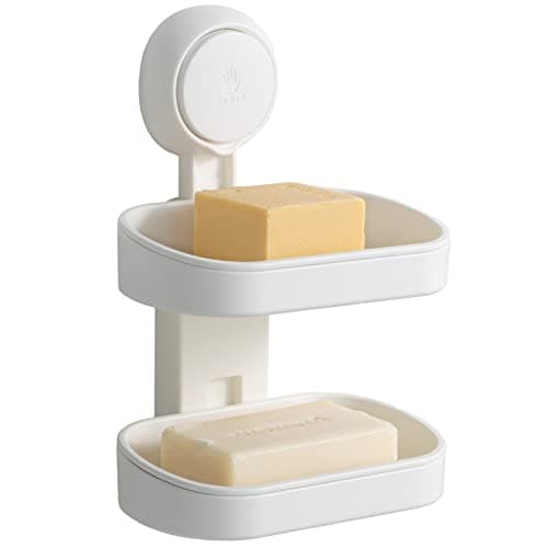 LEVERLOC Soap Dish Holder for Shower Double Layer Suction Cup Wall Mounted NO-Drilling Self Draining Removable Waterproof Strong Suction Bar Soap Sponge Holder for Shower Bathroom Bathtub Kitchen