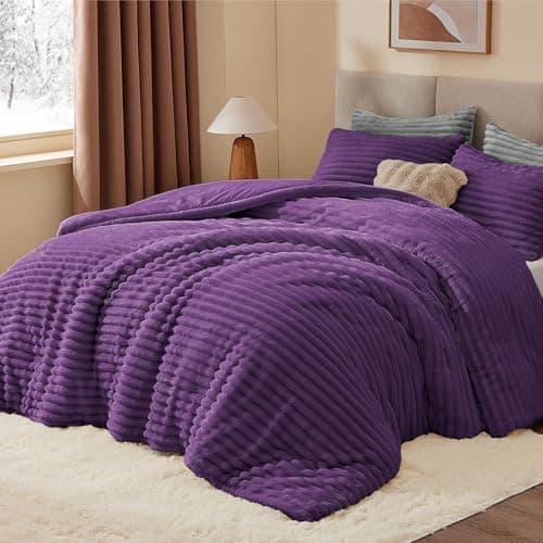 BEDELITE Fleece California King Comforter Set -Super Soft & Warm Fluffy Purple Bedding, Luxury Fuzzy Heavy Bed Set for Winter with 2 Pillow Cases