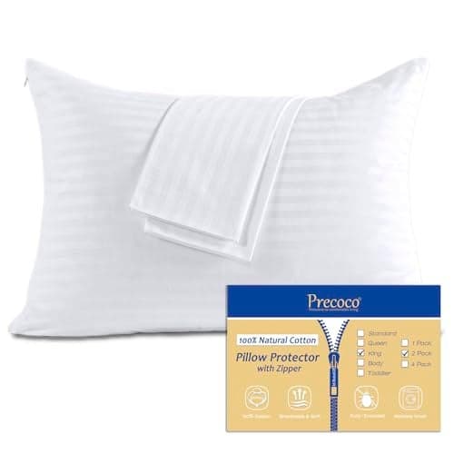 100% Cotton King Pillow Protectors with Zipper, White Pillow Cases King Size Set of 2 for Home & Hotel, Sateen Soft Cooling Hidden Zippered Pillow Case Protector for Hair & Skin, 20x36 in