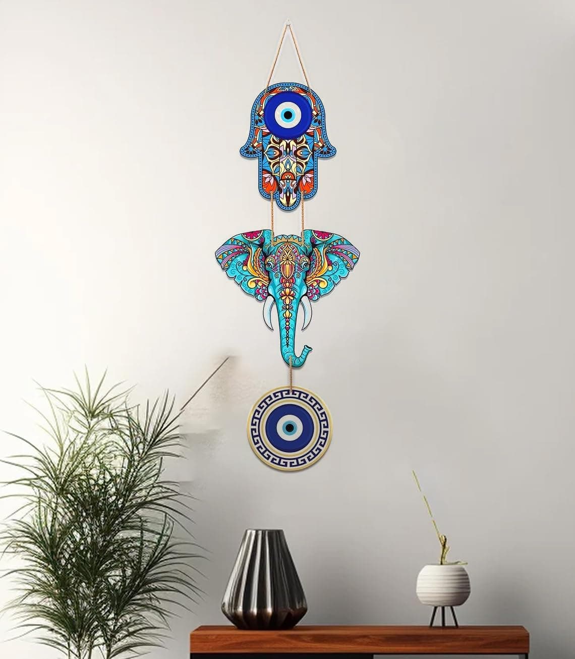 CraftVatika Elephant Wooden Wall Hanging Decoration for Home Decor Pooja Room Decoration Items - Hamsa Hand Hanging Decoration Items for Living Room, Bedroom, House, Office, Home Entrance Decoration
