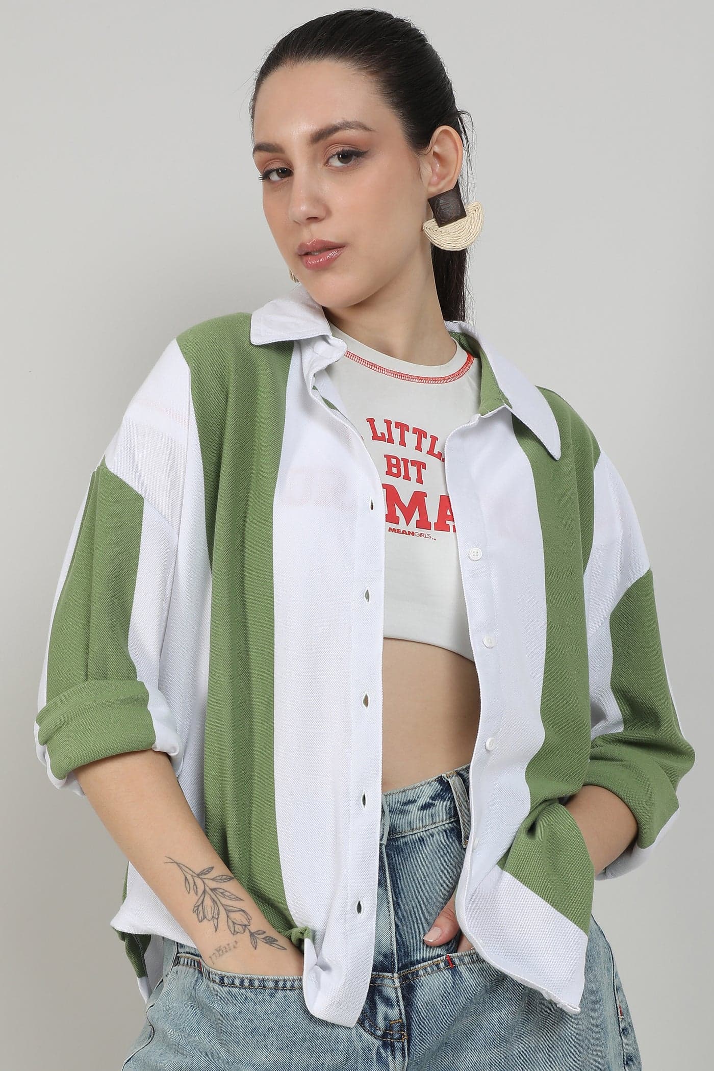Women's Pistachio Green & Powder White Boxy Striped Shirt