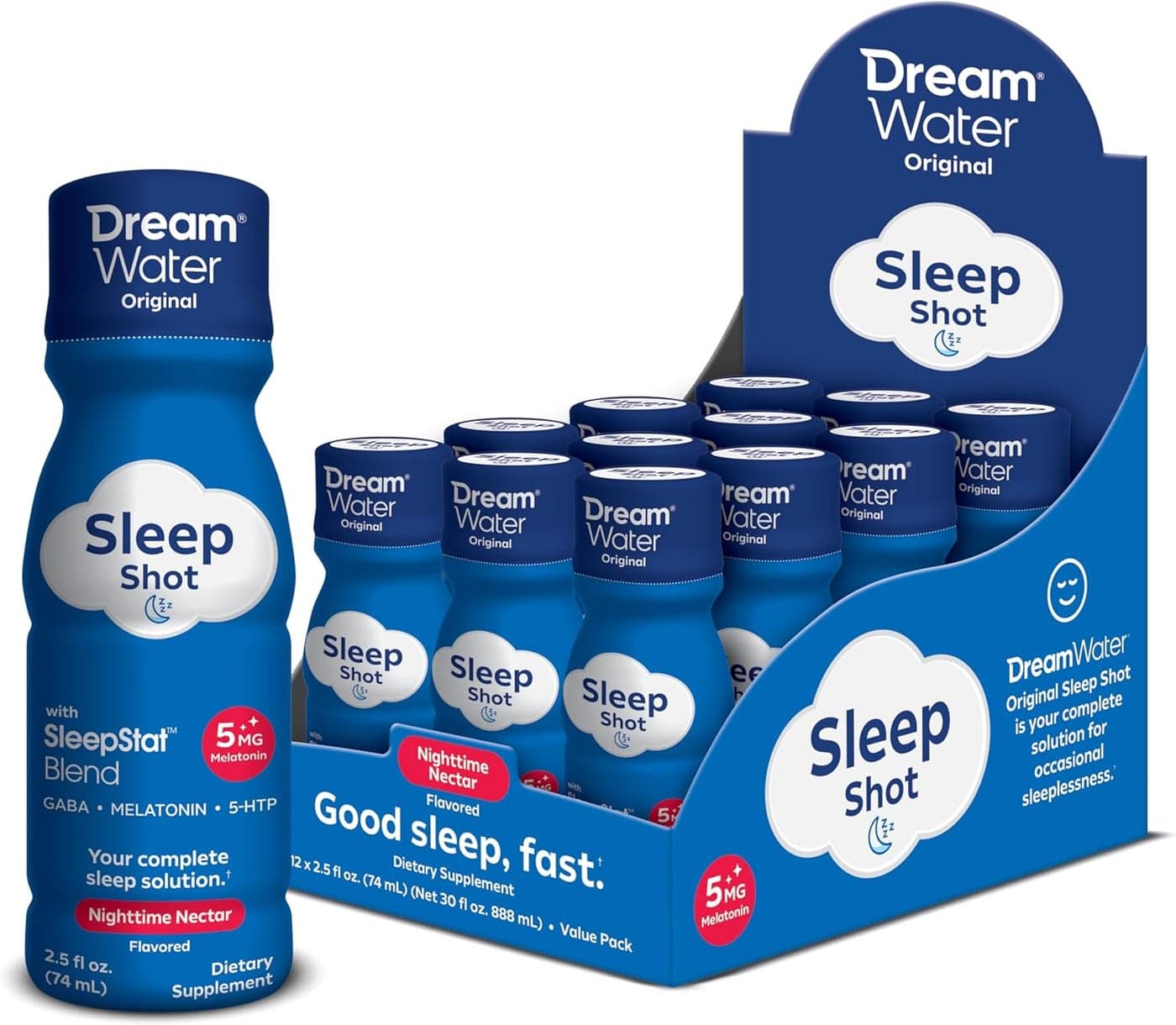 Dream Water Sleep Aid Supplement Drink Melatonin 5mg GABA 5HTP Zero Sugar Natural Flavors No Added Colors 25 oz Liquid Sleep Shots Nighttime Nectar 12Count