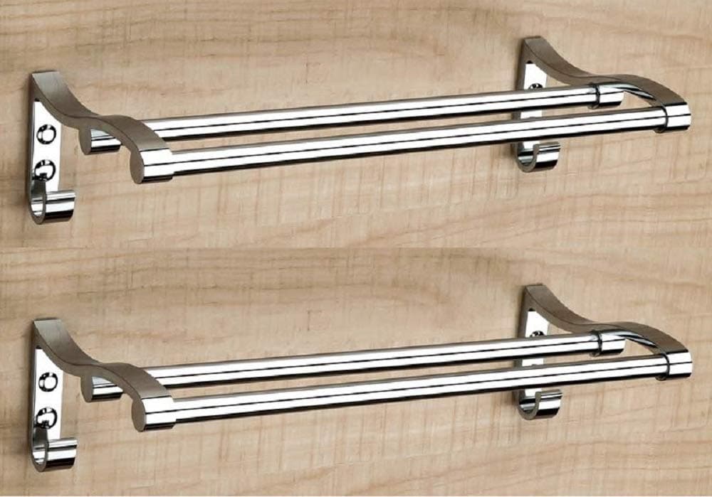 Handy Stianless Steel Bathroom Double Towel Rod with Hook | Towel Stand | Towel Rod| Bathroom Towel Stand | Towel bar | Towel Holder with Cloths Hook (Size-18 inch/Pack of-2)