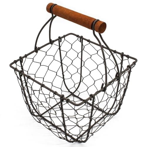 CVHOMEDECO. Square Chicken Wire Egg Basket Fruit Basket with Wooden Handle Primitives Vintage Gathering Basket. Rusty