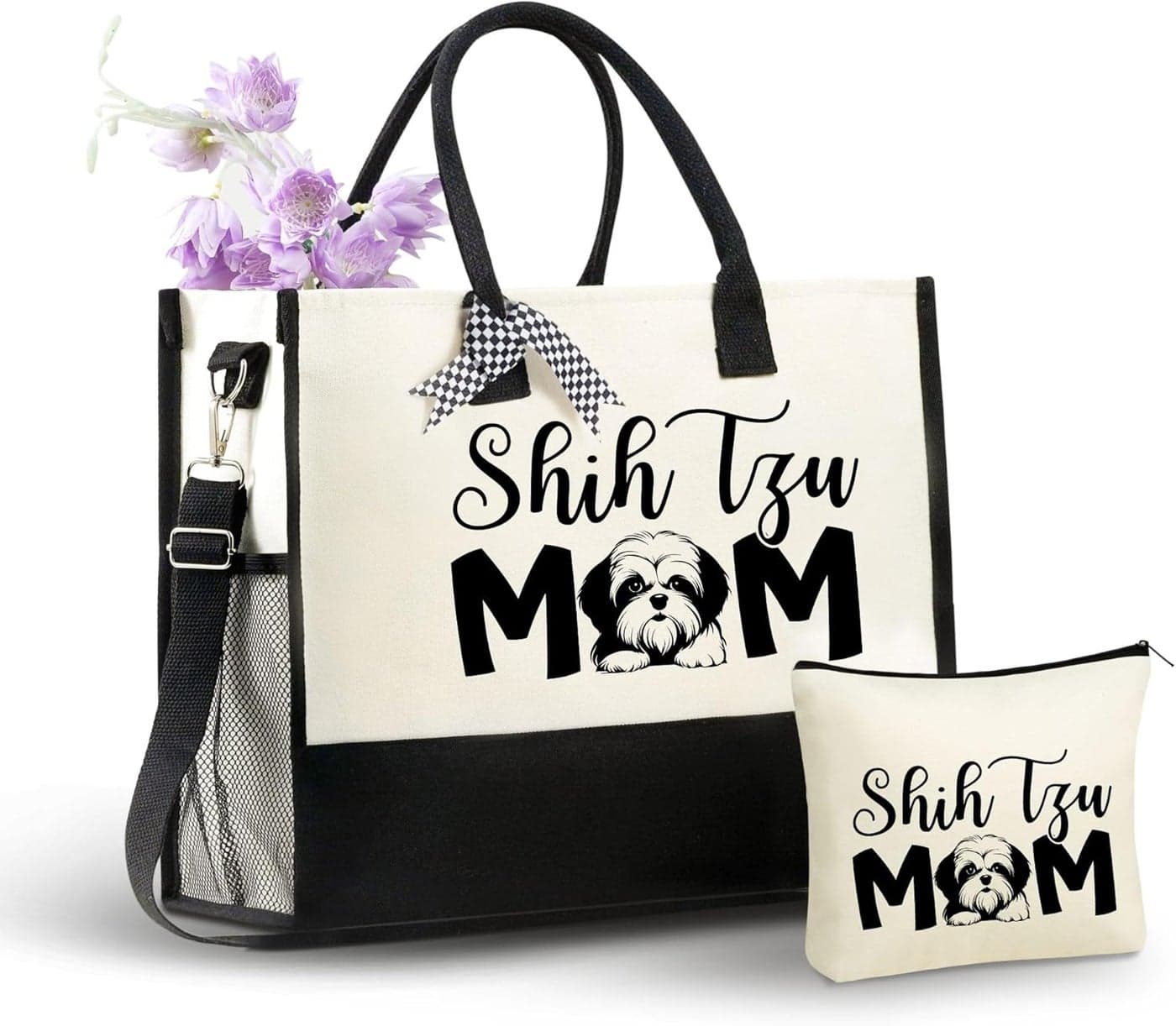InnoBeta Shih Tzu Gifts for Women Canvas Tote Bag Shih Tzu Dog Mom Bag with Top Zipper Closure and Shoulder Strap for Birthday Christmas