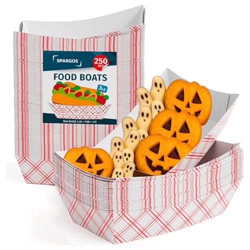 SPARGOS Food Boats (250 Pack) 3LB Red and White Paper Food Trays Leakproof & Freezer Safe Chekered Nacho Trays Disposable for Concession Stand Supplies French Fry Holder & Hot Dog Trays Disposable