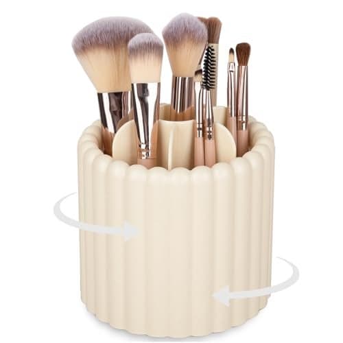 Anyoifax 360 Rotating Makeup Brush Holder 7 Slots Make Up Brush Organizer Removable Spinning Cosmetic Brushes Storage Pen Holder for Vanity, Dresser, Desk, Beige