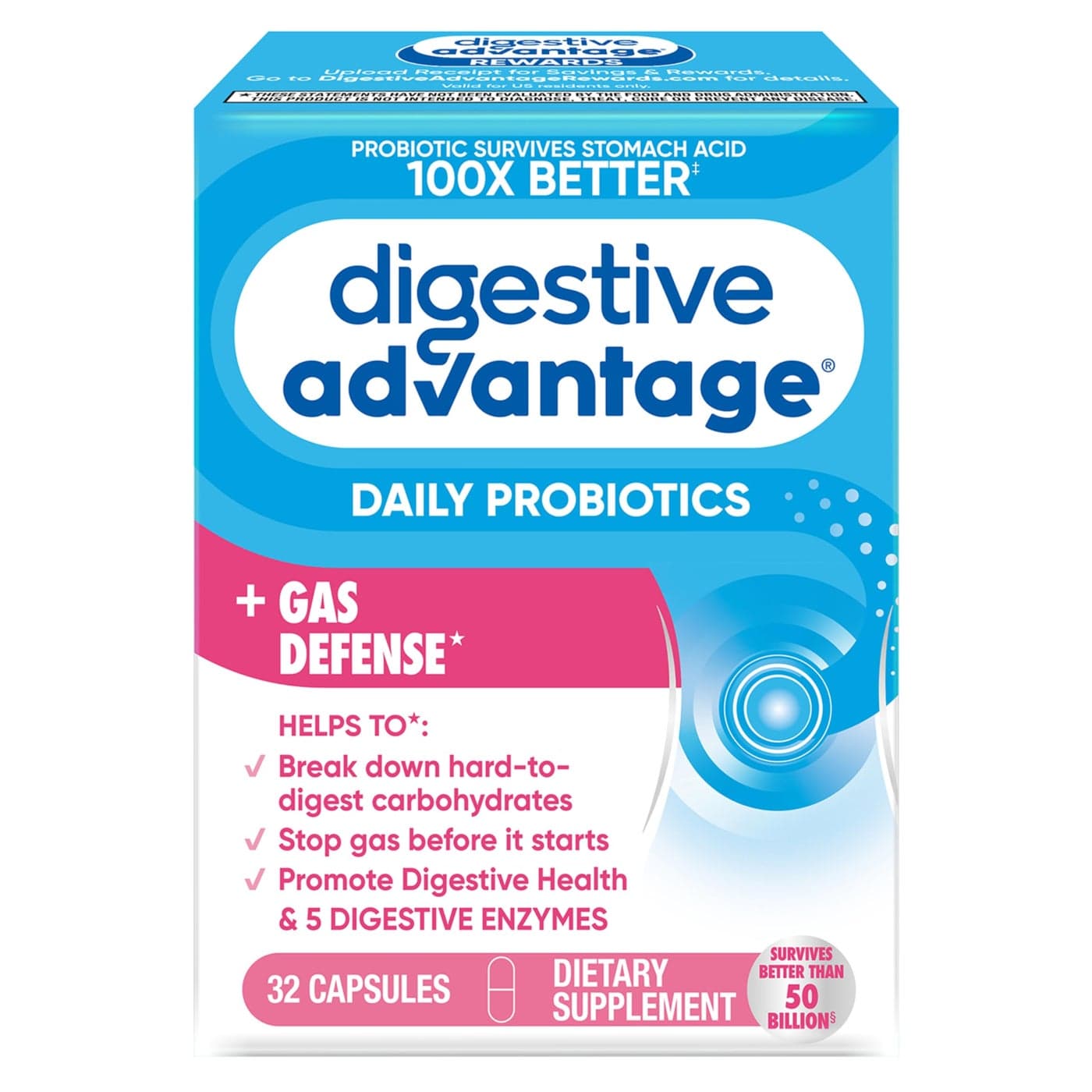 Digestive Enzyme and Probiotic Capsule Digestive Advantage 32 Capsules Survives 100x Better than regular 50 billion CFU Breaks down food helps prevent gas