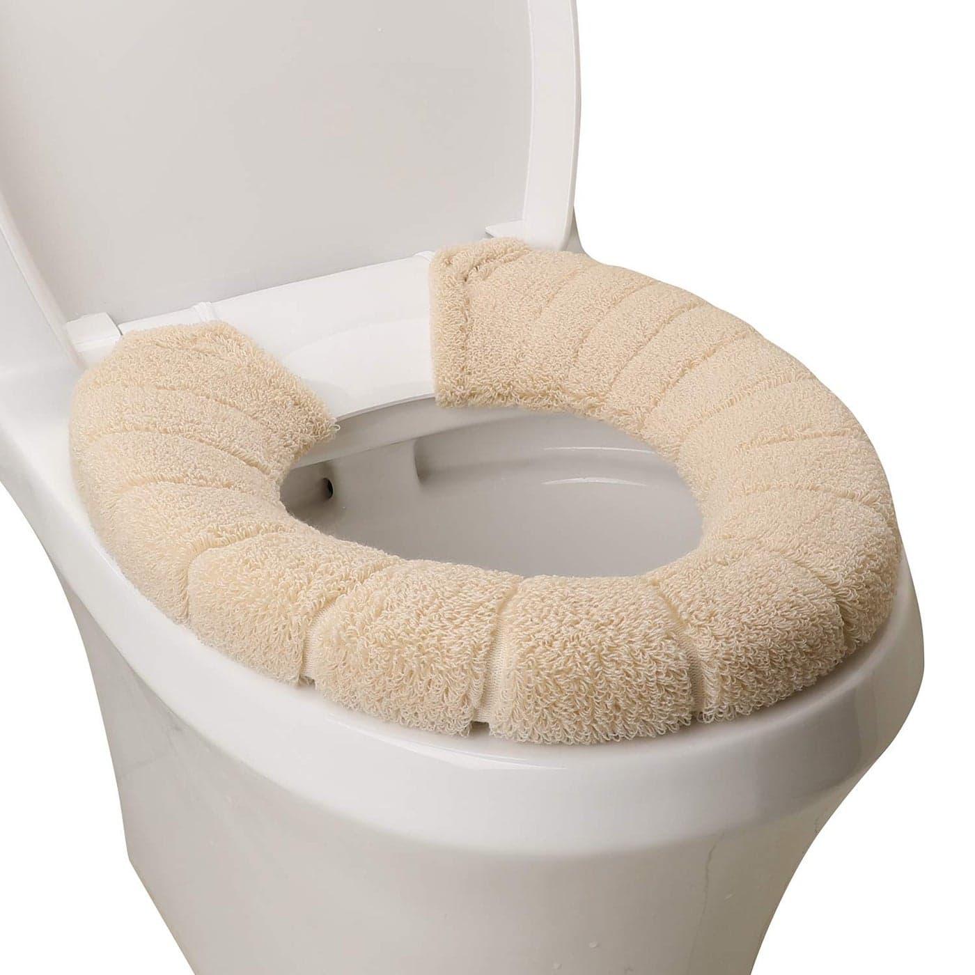 Toilet Seat CoverBathroom Soft Thicker Warmer with Snaps Fixed Stretchable Washable Fiber Cloth Toilet Seat Covers Pads Easy Installation Cleaning beige