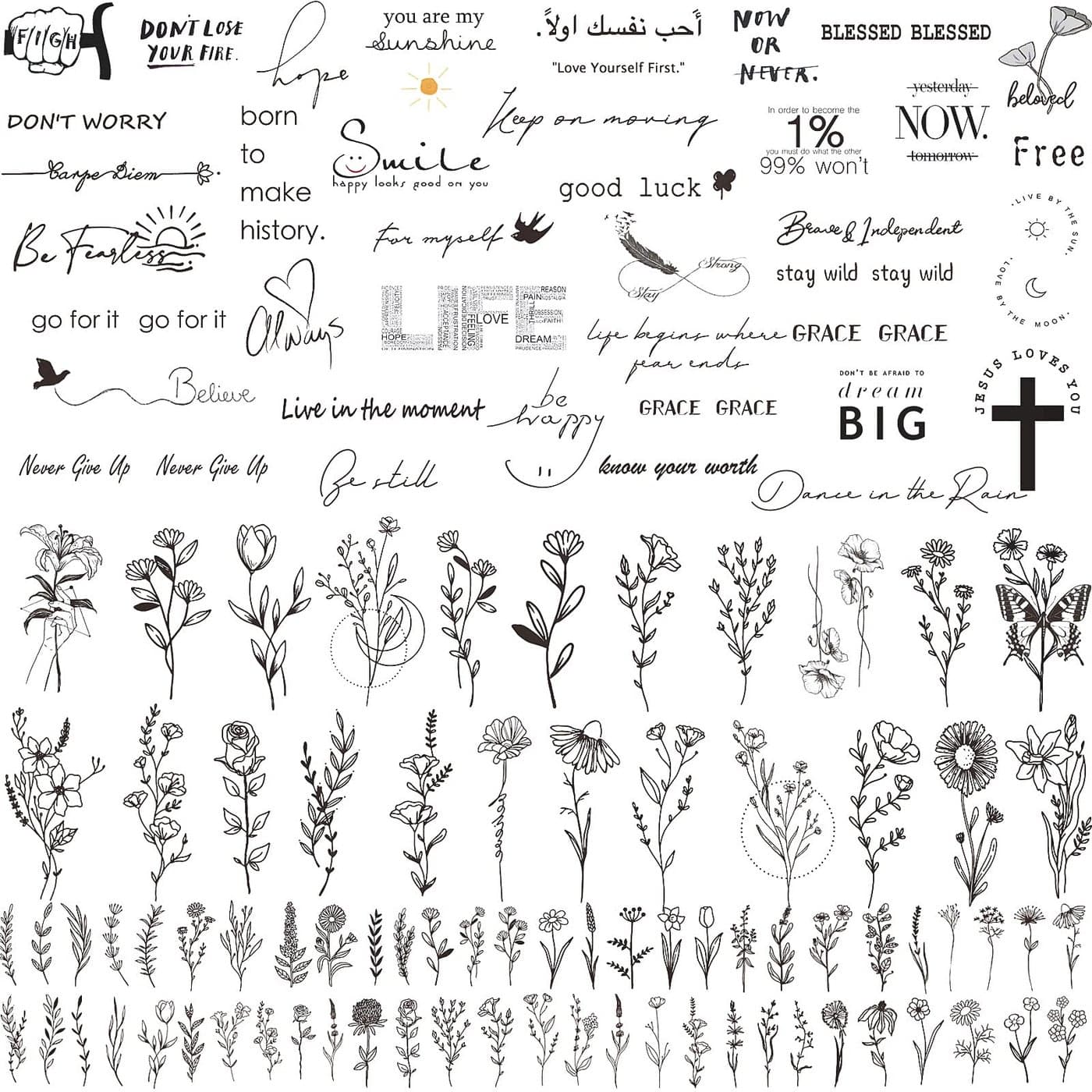 Zeecdatoo 160 PCS Realistic Temporary Tattoos 74 Sheets Bigger Size Three Types Fake Include 40 Inspirational Quotes Words 22 Wild Flower Floral And 12 Small Leaf Tattoo Stickers For Women
