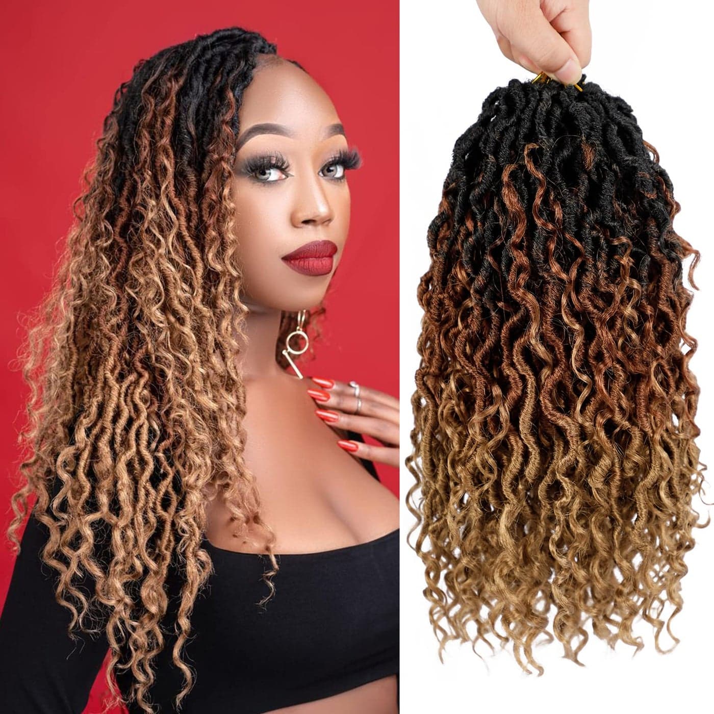 Goddess Locs Crochet Hair 12 Inch 7 Packs Ombre Brown Boho Faux Locs Crochet Hair for Black Women Pre Looped Crochet Locs with Curly Ends 1B3027