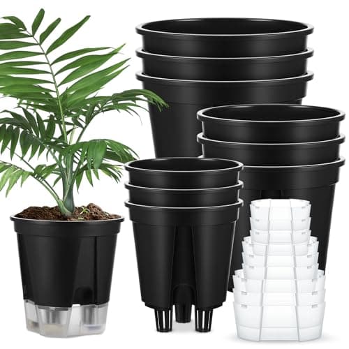 Wonderjune Self Watering Pots for Indoor Plants with Deep Reservoir and High Drainage Holes for Outdoor Plants and Flowers, Bare Root Planter(4.72'', 5.91'', 7.09'',Black,9 Pcs)