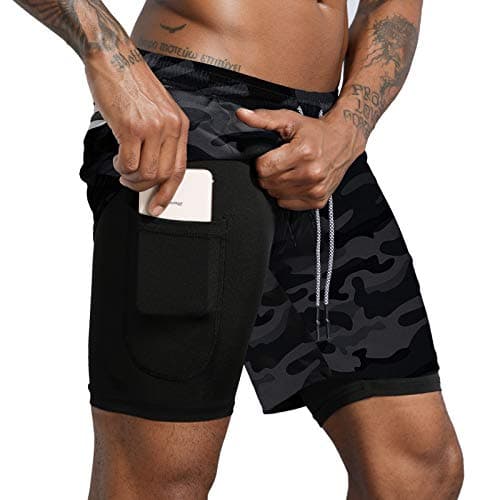 Leidowei Men's 2 in 1 Workout Running Shorts Lightweight Training Yoga Gym 7" Short with Zipper Pockets Grey Camo S
