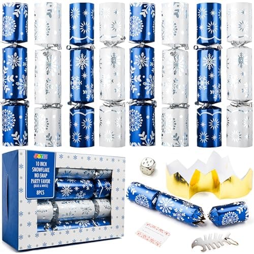 JOYN 8 Pack Christmas NonSnap Party Table Favor with Blue White Snowflake Design with Party Hat Joke Little Gift Inside for Xmas Gift Christmas Seasonal Holiday Dinner Traditions