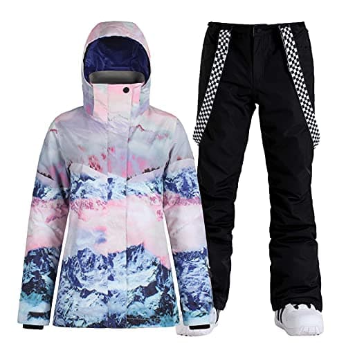 GSOU SNOW Women's Ski Jacket and Pants Waterproof Snowsuit Ski Outfit Snow Ski Suit Insulated Winter Warm,Mountain Black L