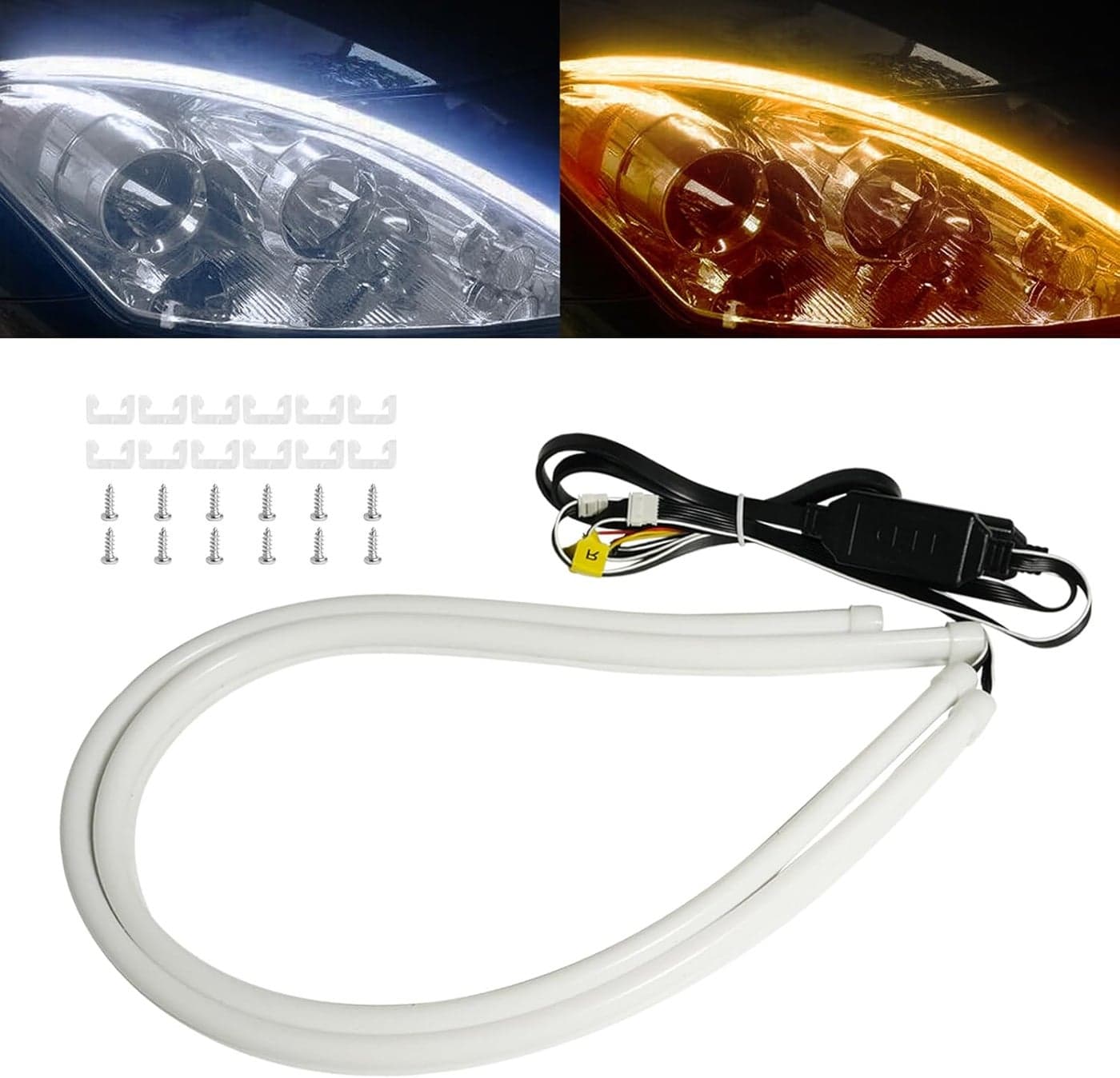 Qasim 12-Inch Sequential LED Strip Lights for Car Turn Signal and Daytime Running Light - White/Amber