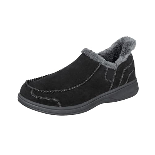Orthofeet Men's Orthopedic Vito Hands-Free Water-Repellent Faux Fur Lined Slipper, Black, Size 11 Wide