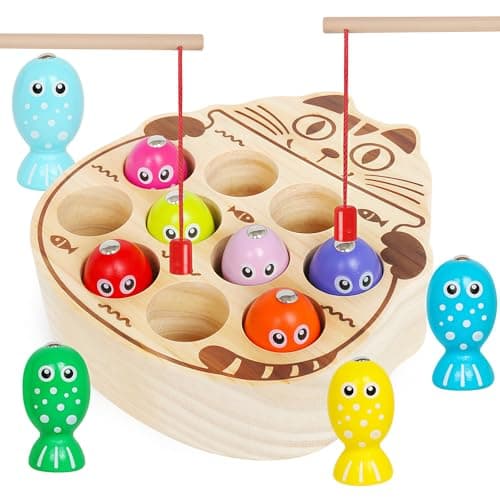 NAODONGLI Wooden Magnetic Fishing Game for Toddlers 3Montessori Preschool Education Activities Learning Fine Motor Skills Color Sorting Magnet Fish Toys Easter Basket Stuffers Gift for Boys Girls