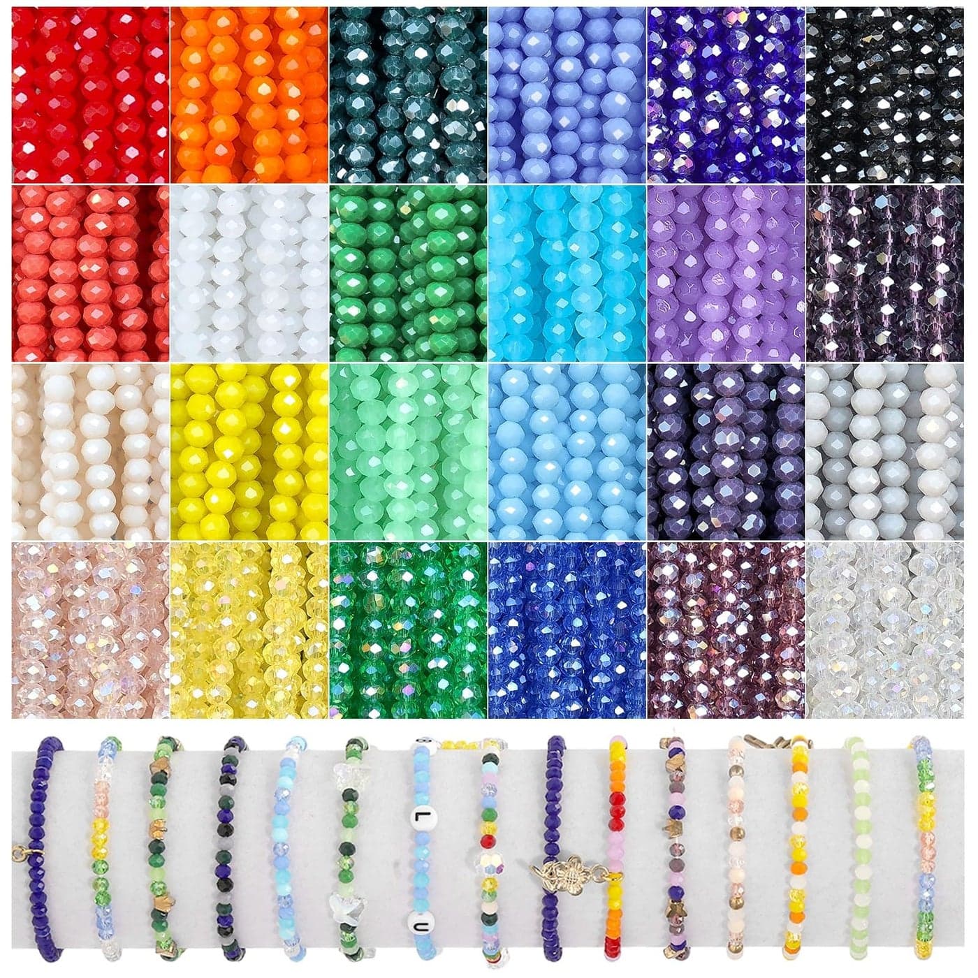 Xilitata 2000Pcs 4mm Glass Beads for Bracelets Jewelry Making Faceted Bead Friendship Bracelet Kit Rainbow Beads DIY Craft with Charms