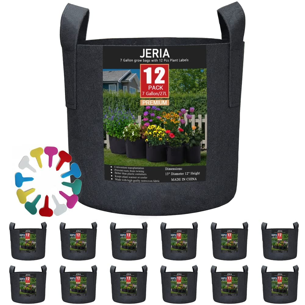 JERIA 12Pack 7 Gallon VegetableFlowerPlant Grow Bags Aeration Fabric Pots with Handles Black Come with 12 Pcs Plant Labels