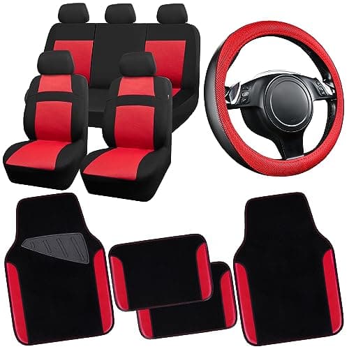 CAR PASS 3D Air Mesh Car Seat Covers Full Sets w5mm Sponge 4Pcs Waterproof Car Floor Mats Steering Wheel Cover Universal Fit for SUV Sedan Truck Airbag Compatible Automotive InteriorBlack red
