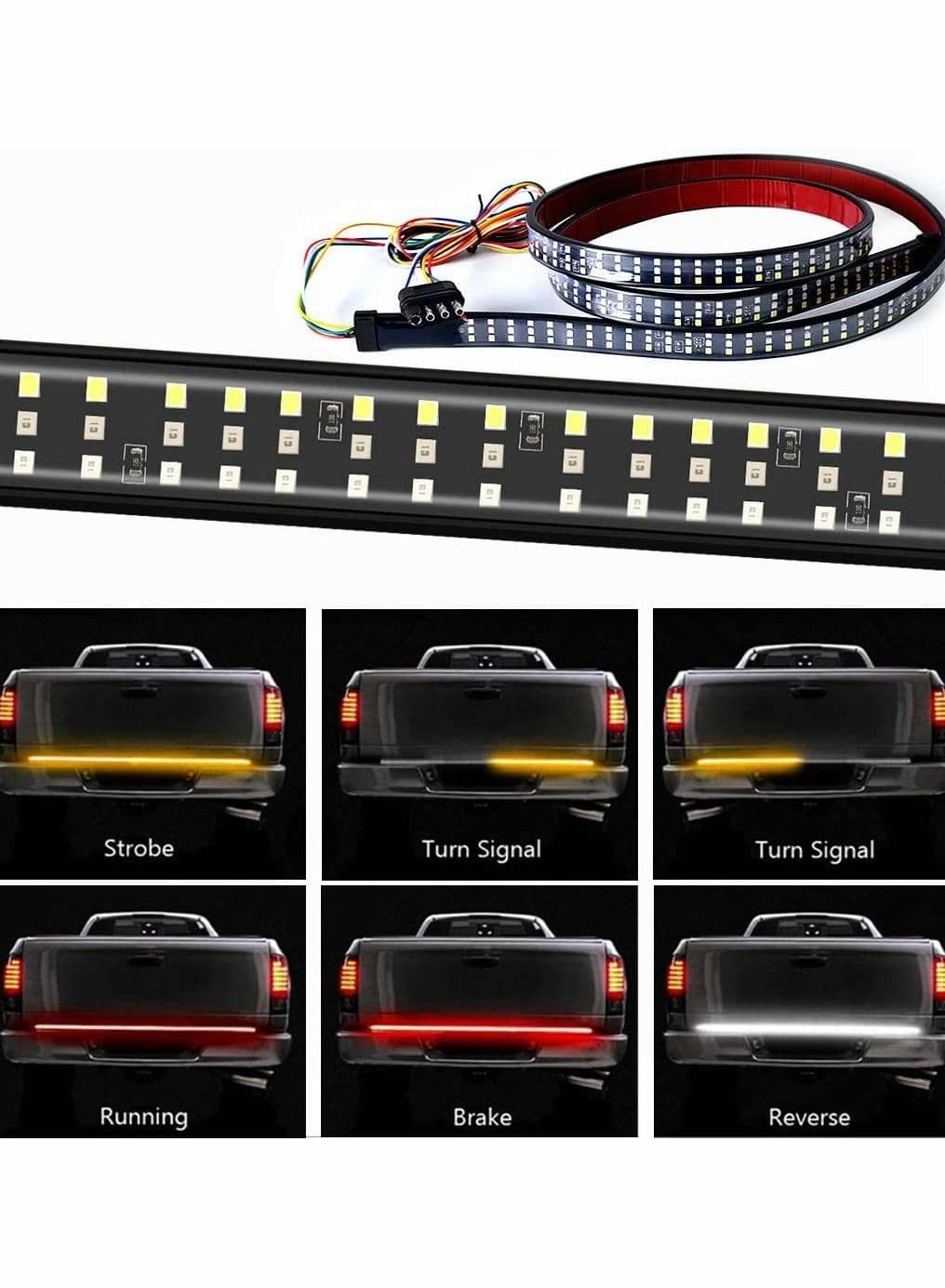 Triple Row Tailgate Light Bar,60 Inch Waterproof LED Strip with 4-Way Flat Connector Wire for Trucks Full Function Running Brake Turn Signal Reverse 432 Pcs Chips