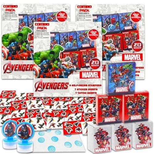 Avengers Party Favors Bulk Set Bundle with 60 Pieces Avengers Favor Boxes with Stickers Tattoos and Stampers for Kids Birthday Party Avengers Classroom Prize Boxes