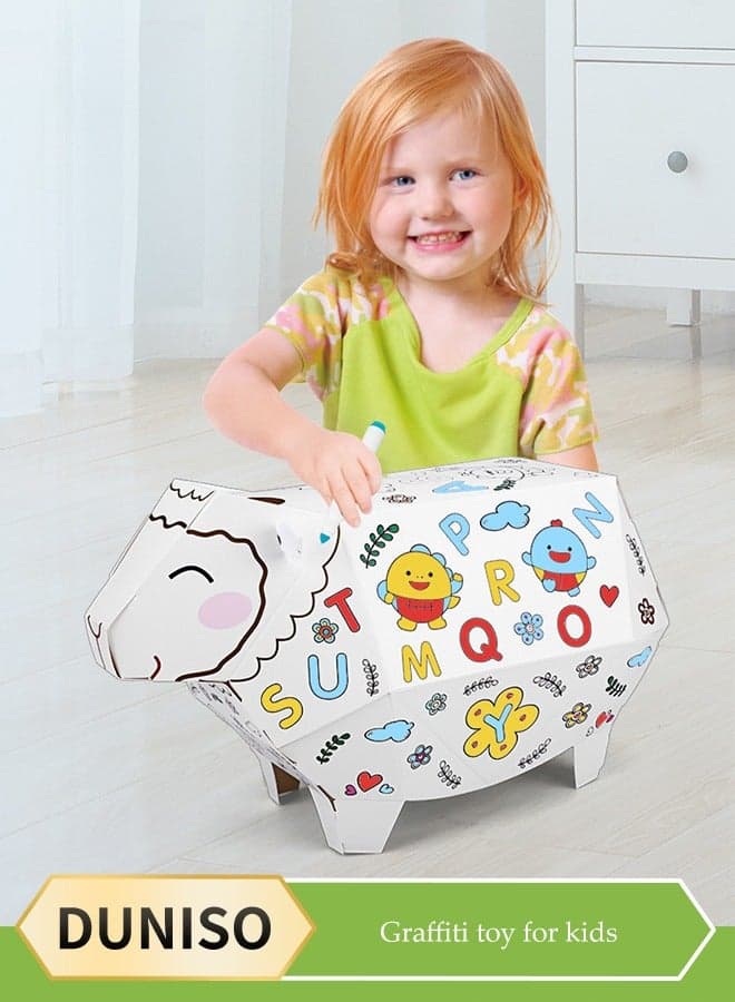 Three dimensional assembly graffiti children's toys,DIY Doodle Cardboard Coloring Creative Crafts Play House Project Assemble And Paint Educational Toys For Kids,Lucky Sheep